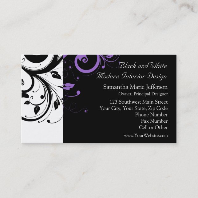 Black and White with Purple Swirl Accent Business Card (Front)