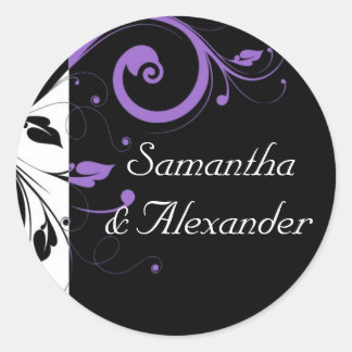 Black and White with Purple Swirl Accent Classic Round Sticker