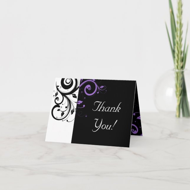 Black and White with Purple Swirl Accent Thank You Card (Front)