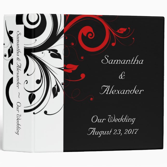 Black and White with Red Reverse Swirl 3 Ring Binder (Front/Spine)