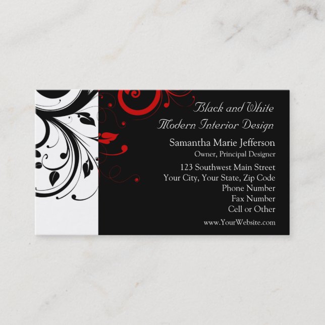 Black and White with Red Reverse Swirl Business Card (Front)