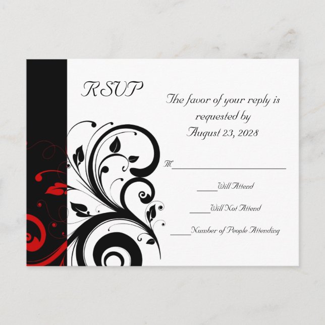 Black and White with Red Reverse Swirl Invitation Postcard (Front)