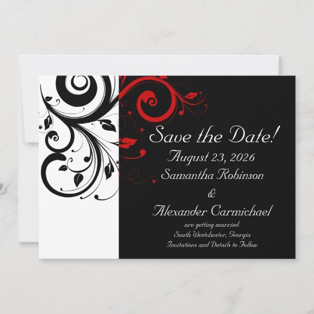 Black and White with Red Reverse Swirl Save The Date (Front)