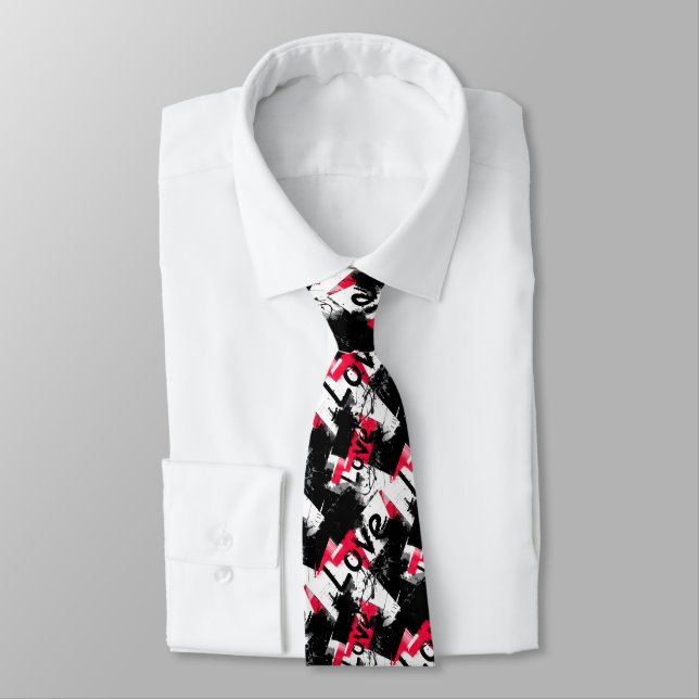 Black and white with red spots love pattern neck tie (Tied)