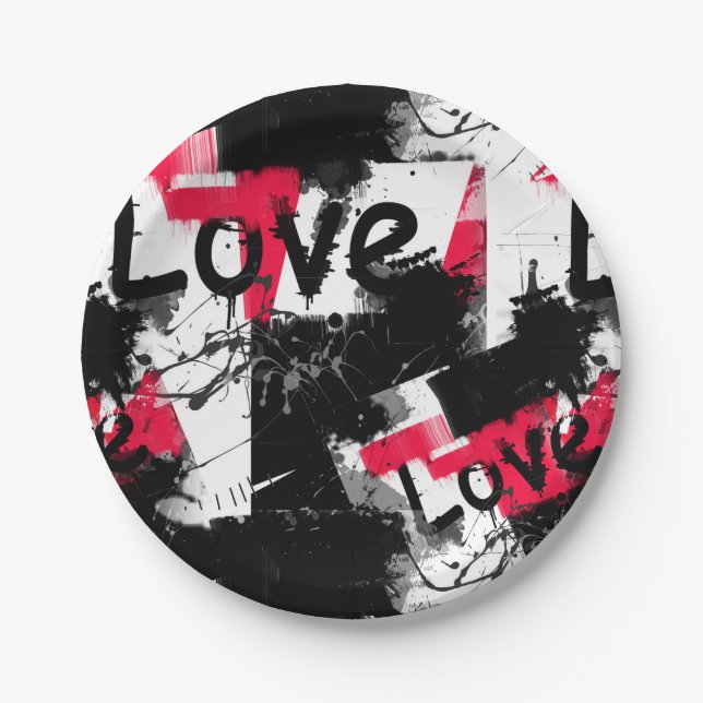 Black and white with red spots love pattern paper plates (Front)