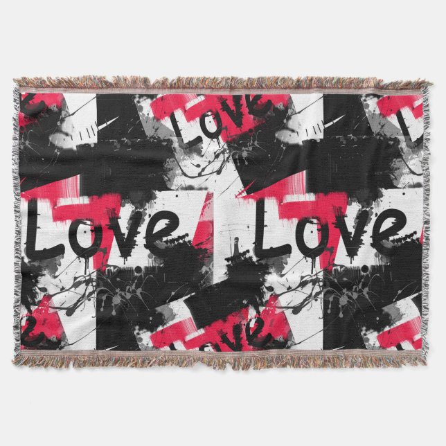 Black and white with red spots love pattern throw blanket (Front)