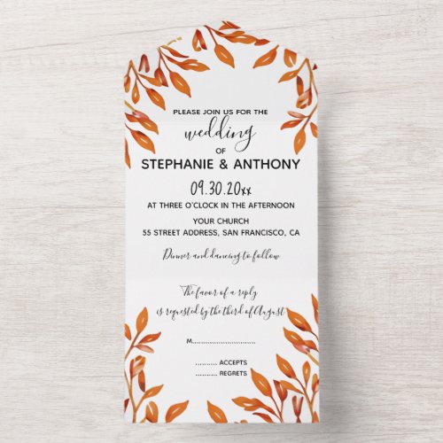 Black and White with Rust Autumn Leaves Wedding All In One Invitation