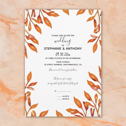 Black and White with Rust Autumn Leaves Wedding Invitation