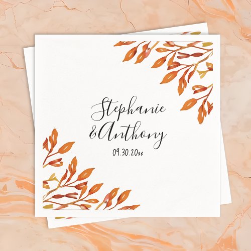 Black and White with Rust Autumn Leaves Wedding Napkins