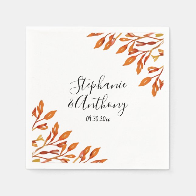 Black and White with Rust Autumn Leaves Wedding Napkins (Front)