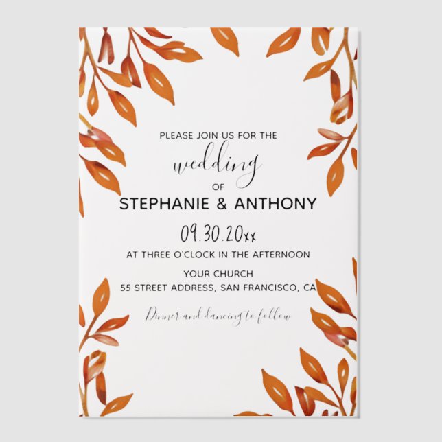 Black and White with Rust Autumn Leaves Wedding Vellum Invitations (Front)