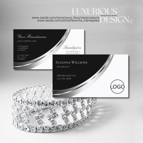 Black and White with Silver Decor and Logo Modern Business Card