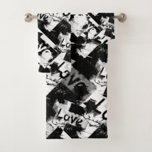 Black and white with spots pattern of love bath towel set
