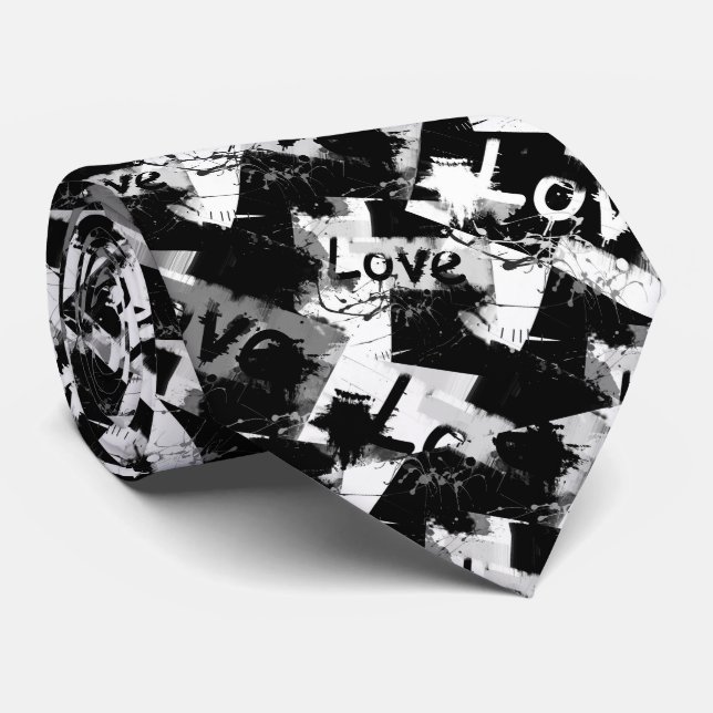 Black and white with spots pattern of love neck tie (Rolled)