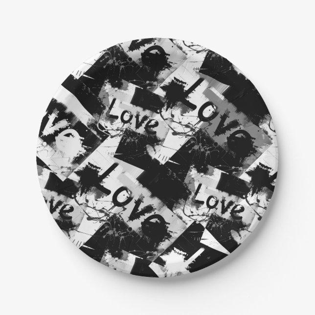 Black and white with spots pattern of love paper plates (Front)