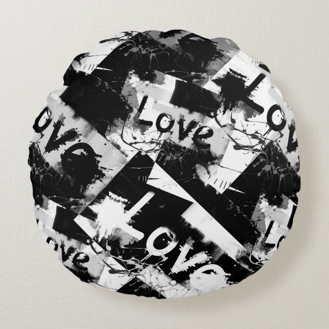 Black and white with spots pattern of love round pillow (Front)