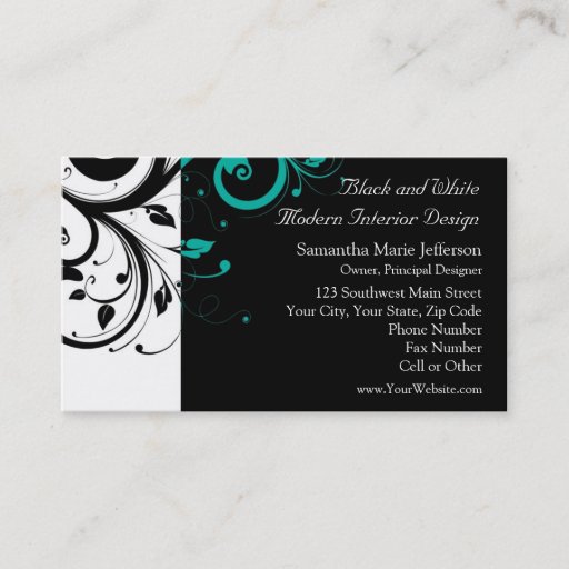 Customizable Black and White with Teal Reverse Swirl Business Cards