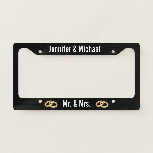 Black and White with Wedding Rings Married Couple License Plate Frame (Front)
