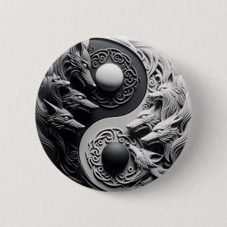 Black and white wolf button
