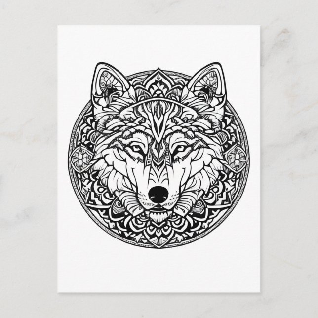 Black and White Wolf Coloring Book Style Postcard (Front)