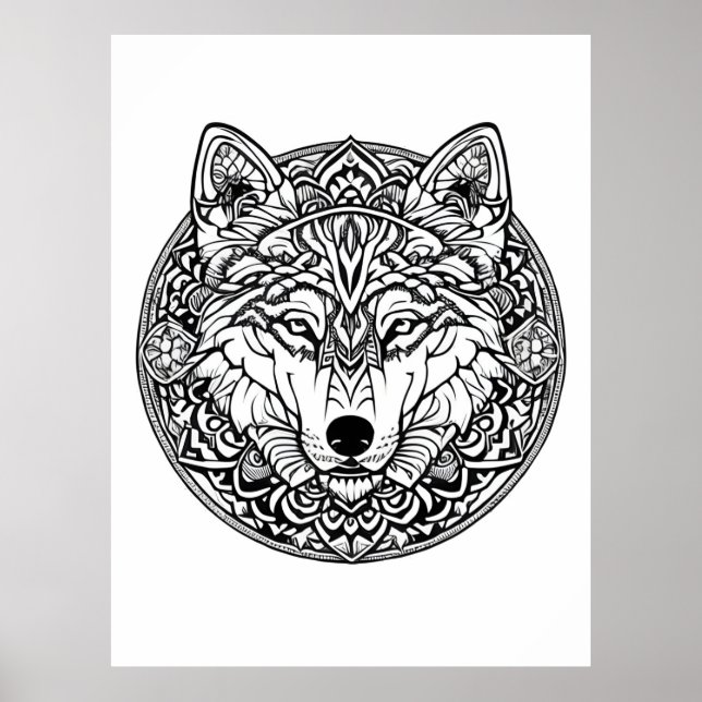 Black and White Wolf Coloring Book Style Poster (Front)