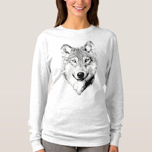 Black and White Wolf Drawing  T-Shirt (Front)