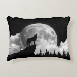 Black and white wolf howling at the moon accent pillow