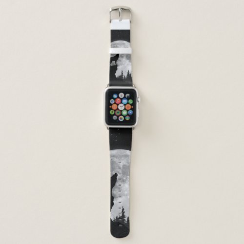 Black and white wolf howling at the moon apple watch band
