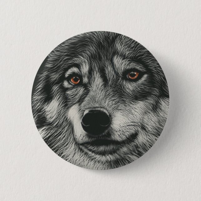 Black and white wolf illustration button (Front)
