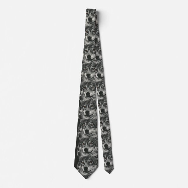 Black and white wolf illustration neck tie (Front)
