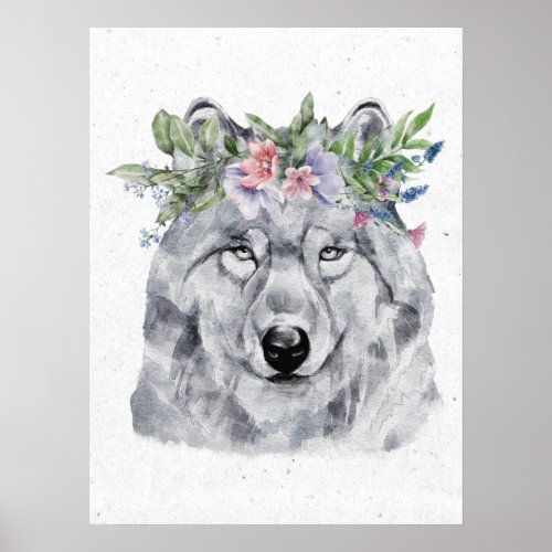 Black and White Wolf in Flower Crown Animal Poster