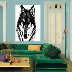 Black and white wolf portrait AI Art Poster