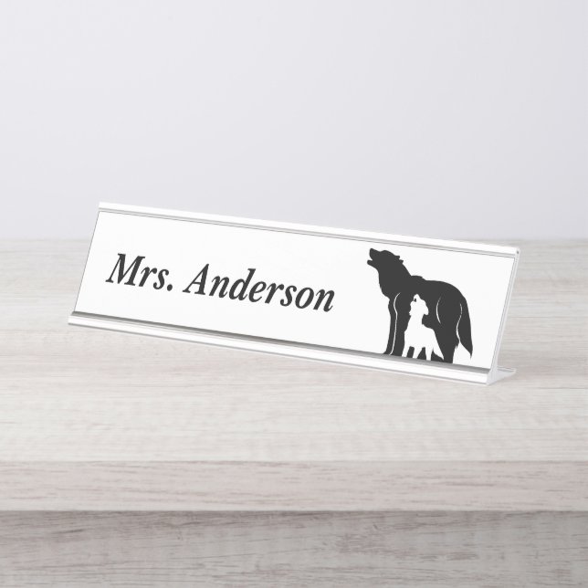 Black and White Wolves Desk Name Plate (Front)