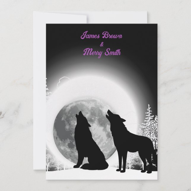 Black and White Wolves Howl Moon Wedding Invitation (Front)
