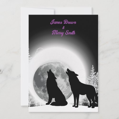 Black and White Wolves Howl Moon Wedding Invitation