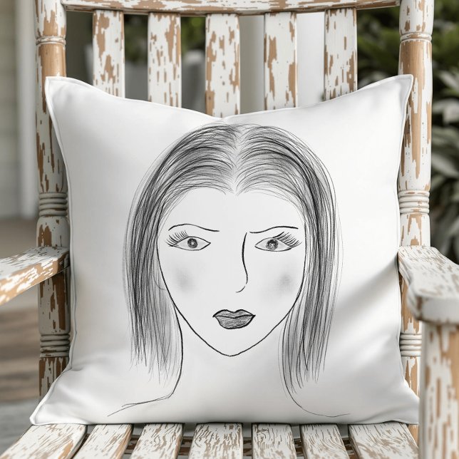 Black and White Woman Face Sketch Throw Pillow (Creator Uploaded)
