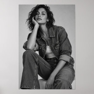 Black and White Woman in Denim Fashion Portrait Poster