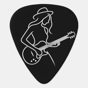 Black and White Woman in Hat Stick Figure Playing Guitar Pick