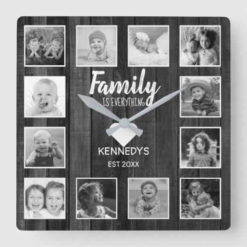 Black And White Wood 12 Photo Collage Family Quote Square Wall Clock