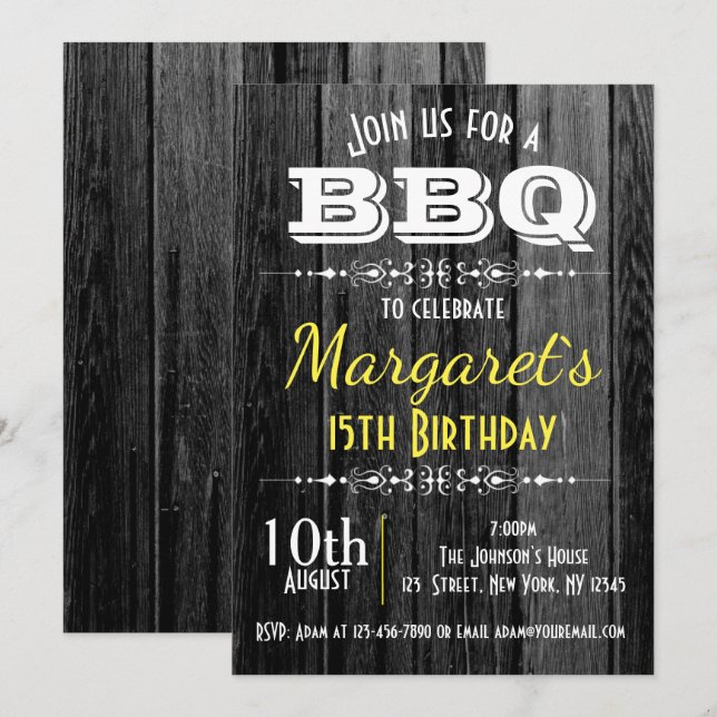Black and White Wood BBQ Birthday Party Invite (Front/Back)