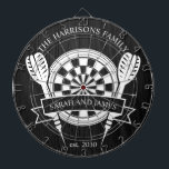 Black and White Wood Family Custom Name Wedding Dart Board<br><div class="desc">Celebrate your special day with the Black and White Wood Family Custom Name Wedding Dart Board. Featuring a timeless monochrome design, this dartboard can be personalized with the couple's last name, making it a unique keepsake or playful wedding gift. Perfect for adding charm to your home or for entertaining guests,...</div>