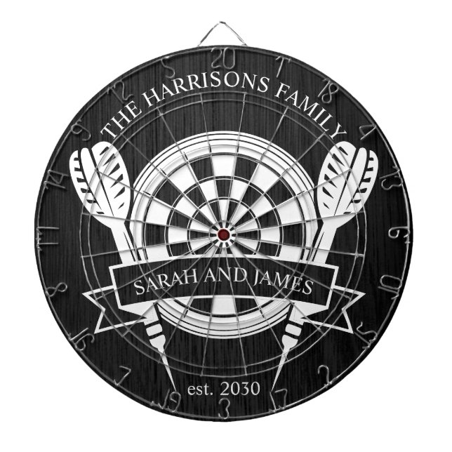 Black and White Wood Family Custom Name Wedding Dart Board (Front)