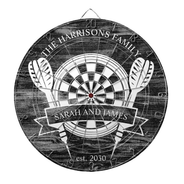 Black and White Wood Family Custom Name Wedding Dart Board (Front)