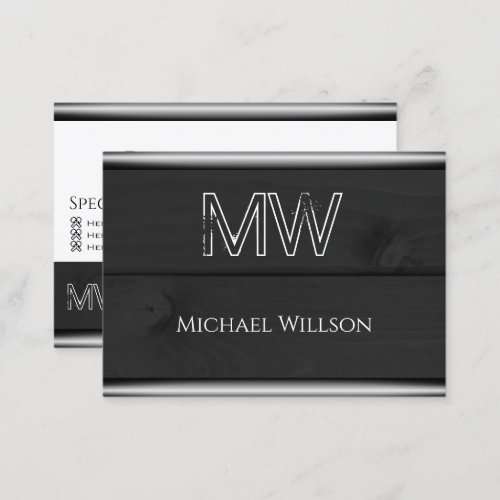 Black and White Wood Grain Wooden Boards Monogram Business Card