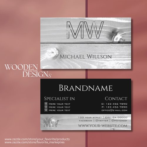 Black and White Wood Grain Wooden Boards Monogram Business Card