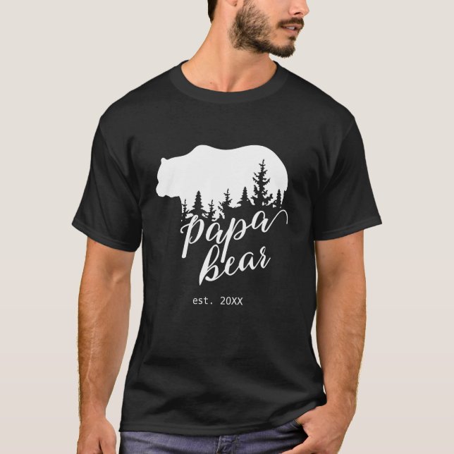 Black and White Woodland Papa Bear Personalized T-Shirt (Front)