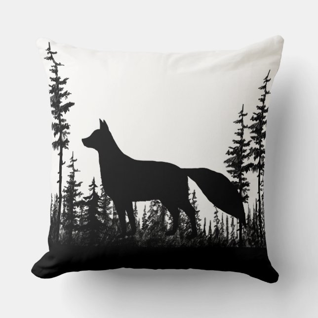 Black And White Woodland Pine Forest Fox  Throw Pillow (Front)