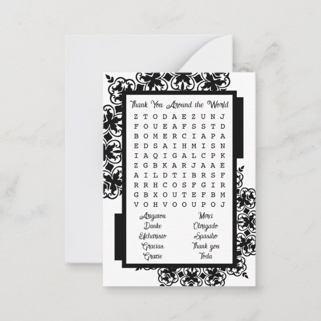 Black and White Word Search Thank You Note Card (Front)