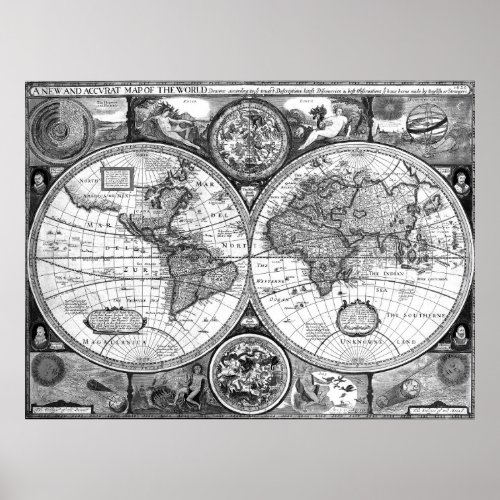 Black and White World Map 1626 Poster