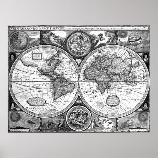 Black and White World Map (1626) Poster | Zazzle.com